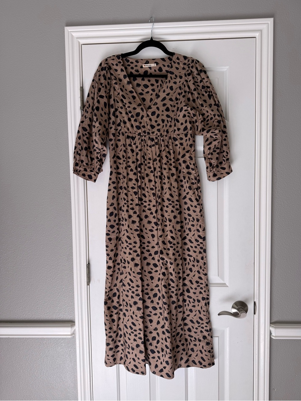 Marine Layer Taupe Midi Dress with Black Spot Print
